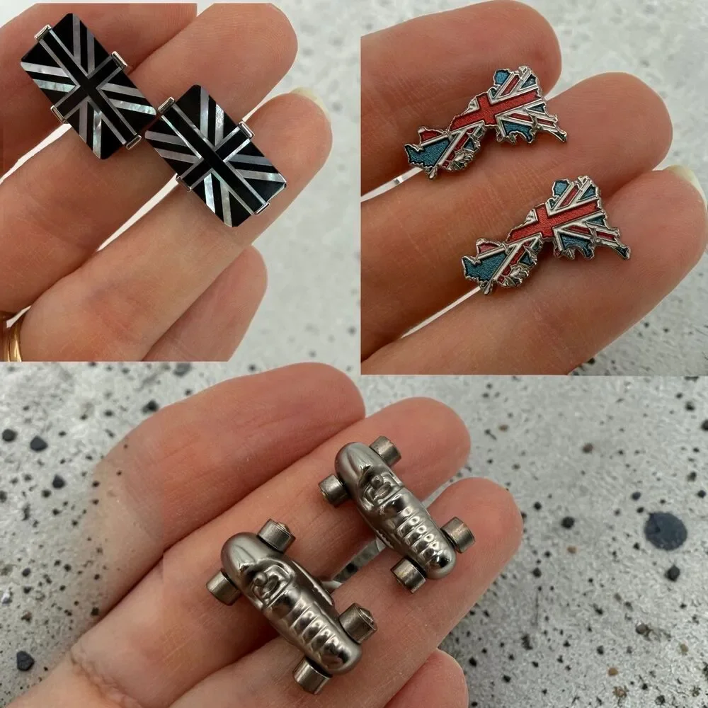 Lot 3 Mens Cufflinks British Isles Union Jack Race Indy Car Silver Tone Blue Red